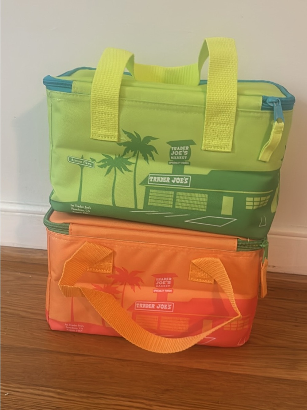 Trader Joe's Neon Green and Orange Insulated Lunch Bags - Set of 2